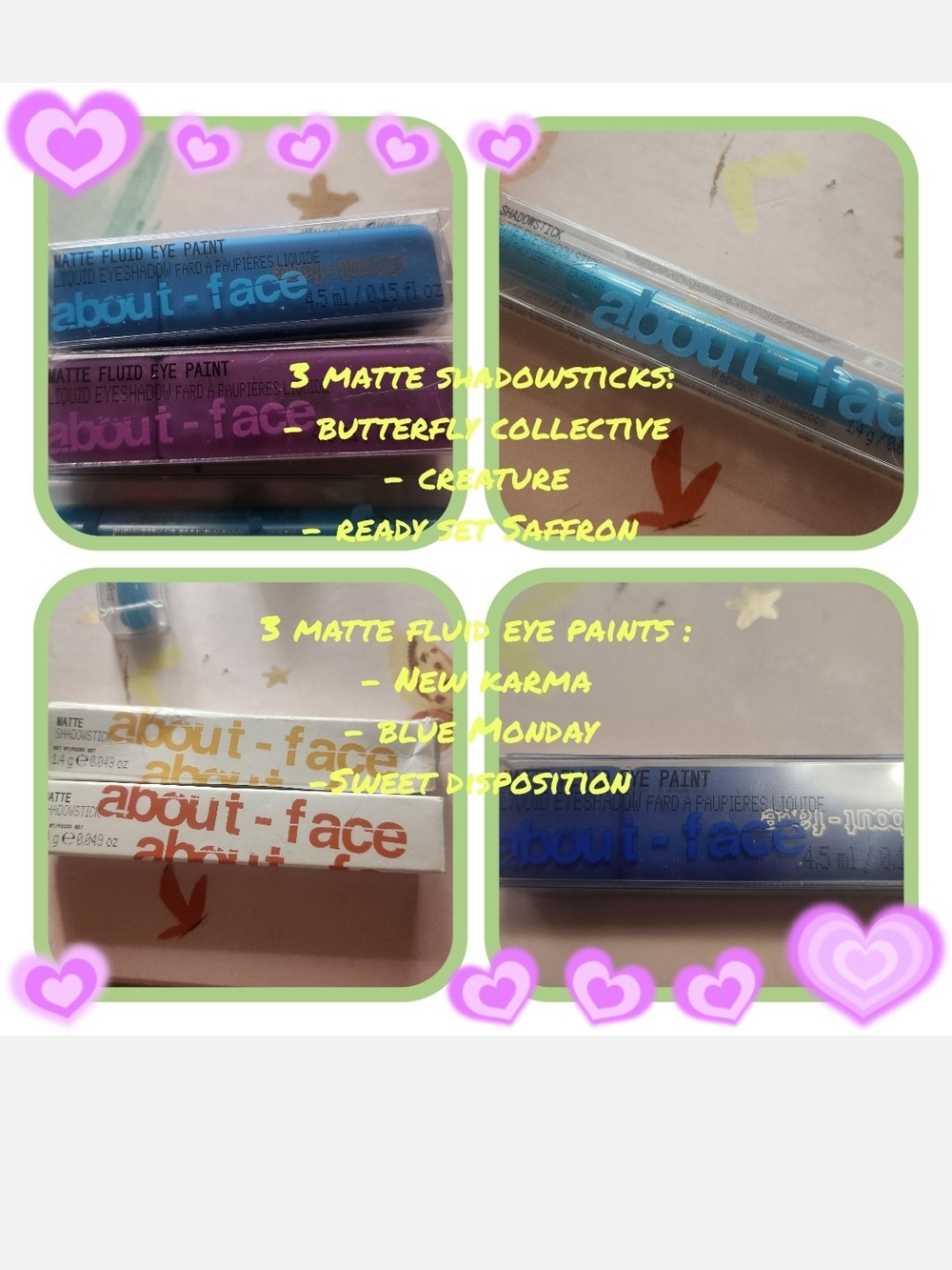 about-face eye shadowsticks (3) and eye paints ( 3) 3 Blue, Purple,orange Yellow